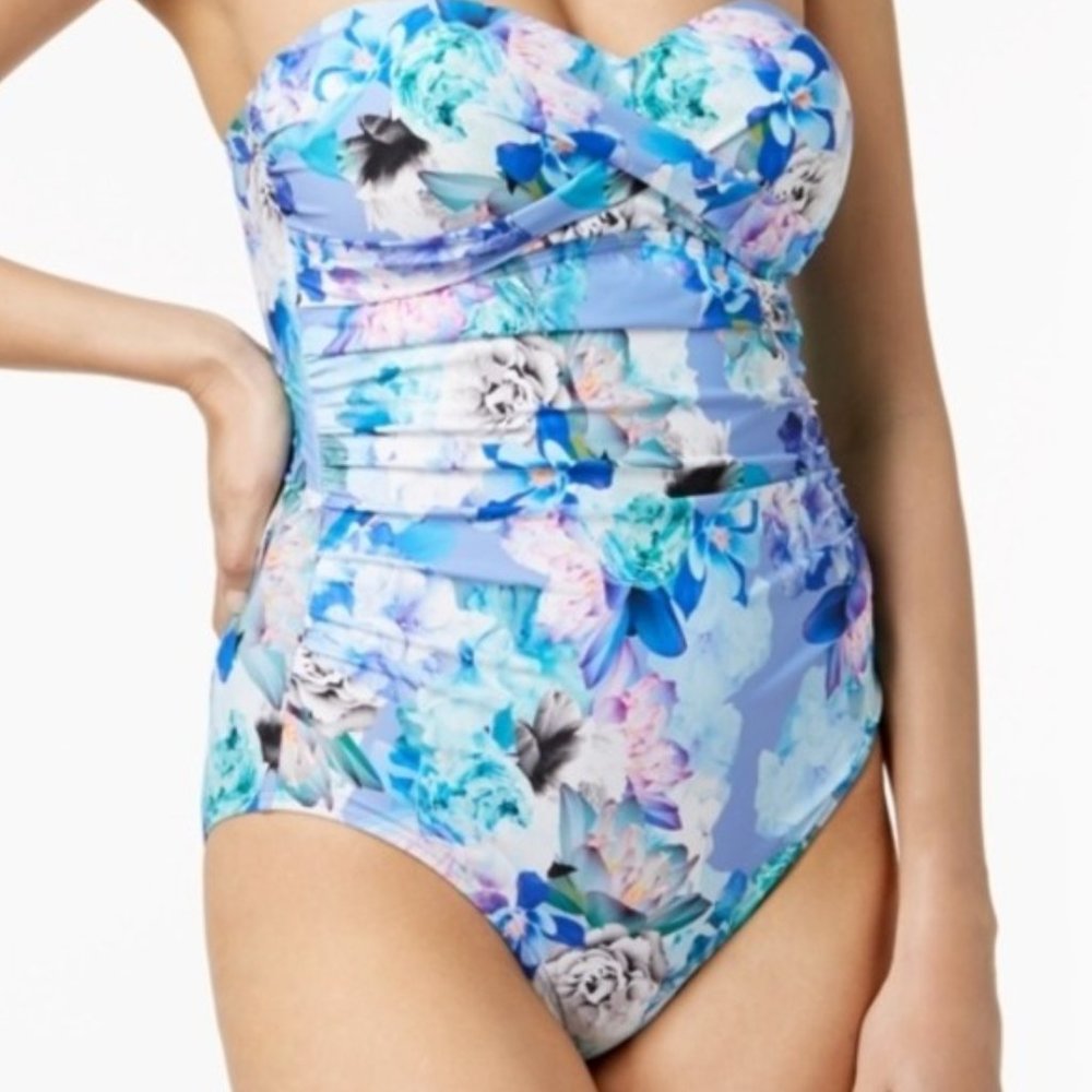 Calvin Klein Floral Printed Twist Bandeau One-Piece Swimsuit Size 14